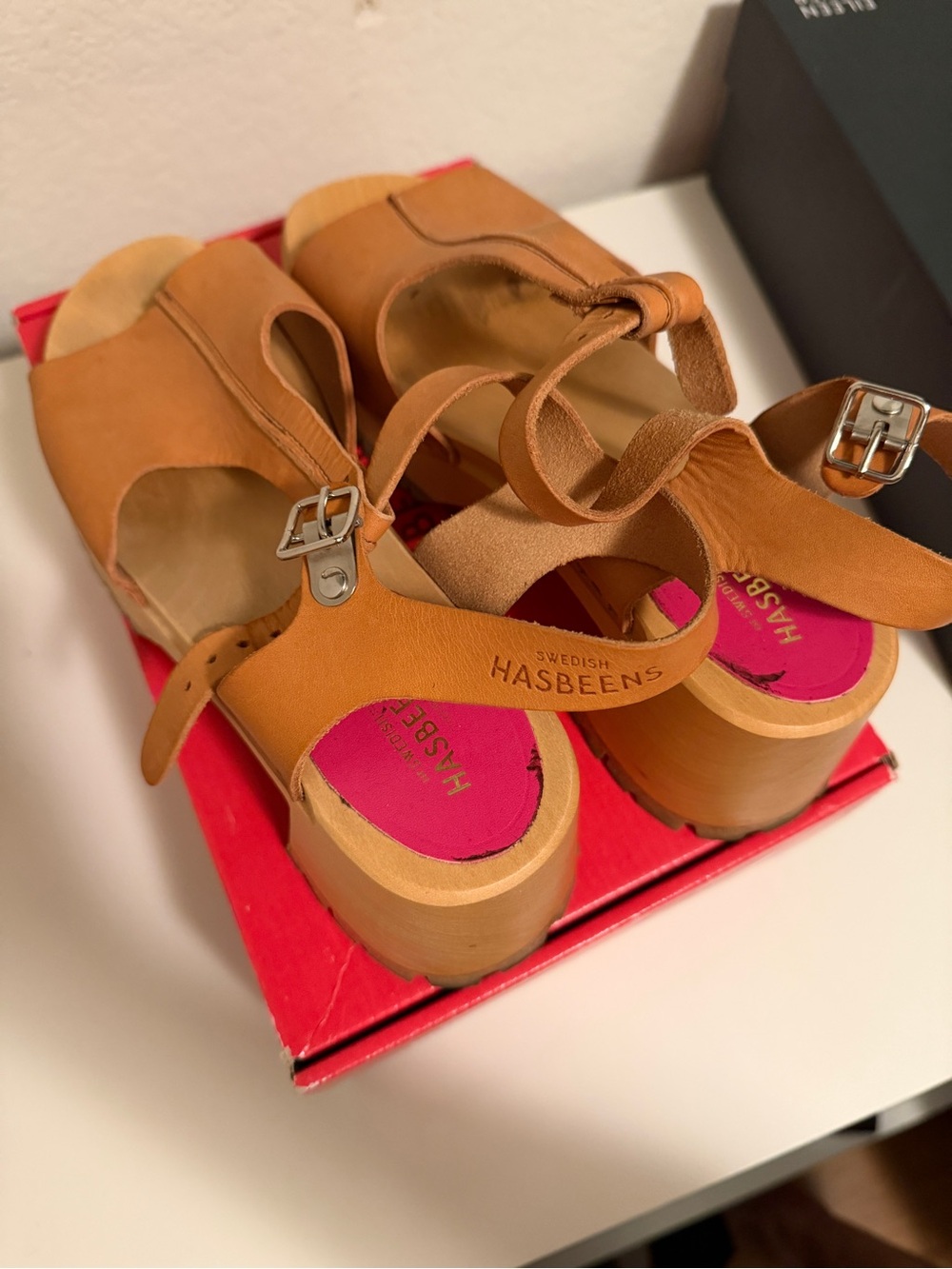 Swedish Hasbeens Stitch Tracta Tan Leather T-Strap Block Heel Sandals - Women - Picture 6 of 6